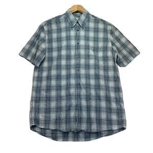 LACOSTE 100% LINEN BUTTON SHIRT -41 M / L- BLUE WHITE CHECK -SHORT SLEEVE -CROC